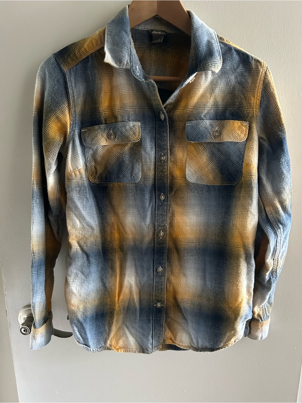 Eddie Bauer Blue and Yellow Plaid Button-Down Shirt